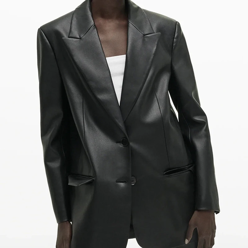 

Office Style Long Faux Leather Blazers for Women Single Breasted Female Pu Leather Jackets Turn Down Collar Jackets with Pockets