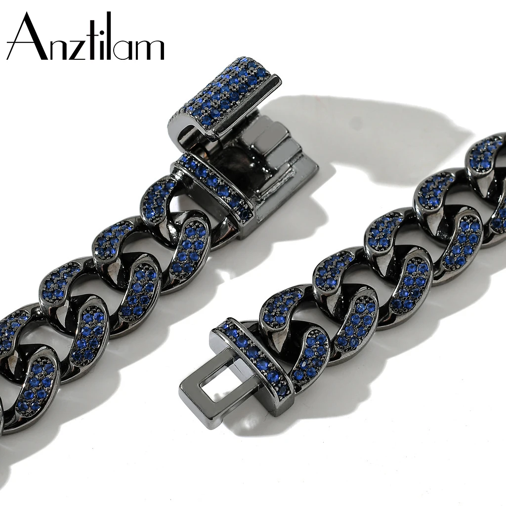 

AZ 12mm Blue Color Iced Out Cuban Miami Cuban Bracelets Necklace Bling AAA+ Cubic Zircon Long Choker for Men Goth Jewelry