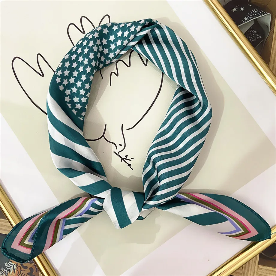 60cm marca de luxo lenço quadrado feminino listrado bandana primavera lenço de seda verão bandana moda neckerchief para senhoras