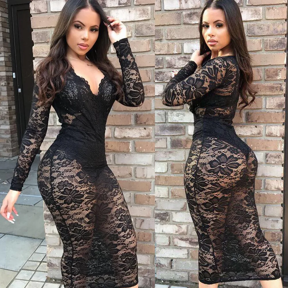 

SKMY Black Dress Long Sleeve Women Clothing Autumn And Winter New Lace Sexy V-Neck Solid Color Elegant Dresses For Ladies 2024