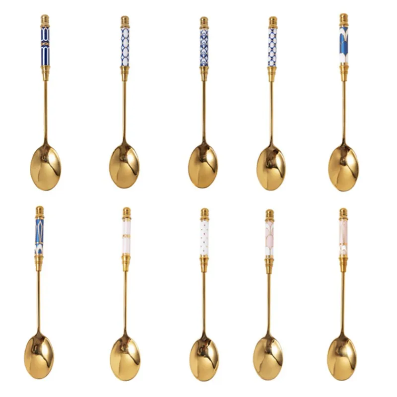 Kitchen Dessert Spoon Stainless Steel Coffee Milk Spoon With Ceramic Long Handle Spoon Gold-plated Dessert Spoon