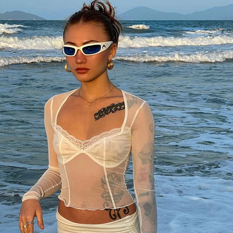 Fashion Y2K Lace Trim Mesh Crop Tops 90s Aesthetics Patchwork Square Neck Long Sleeve White Sexy Tees Summer T-shirts