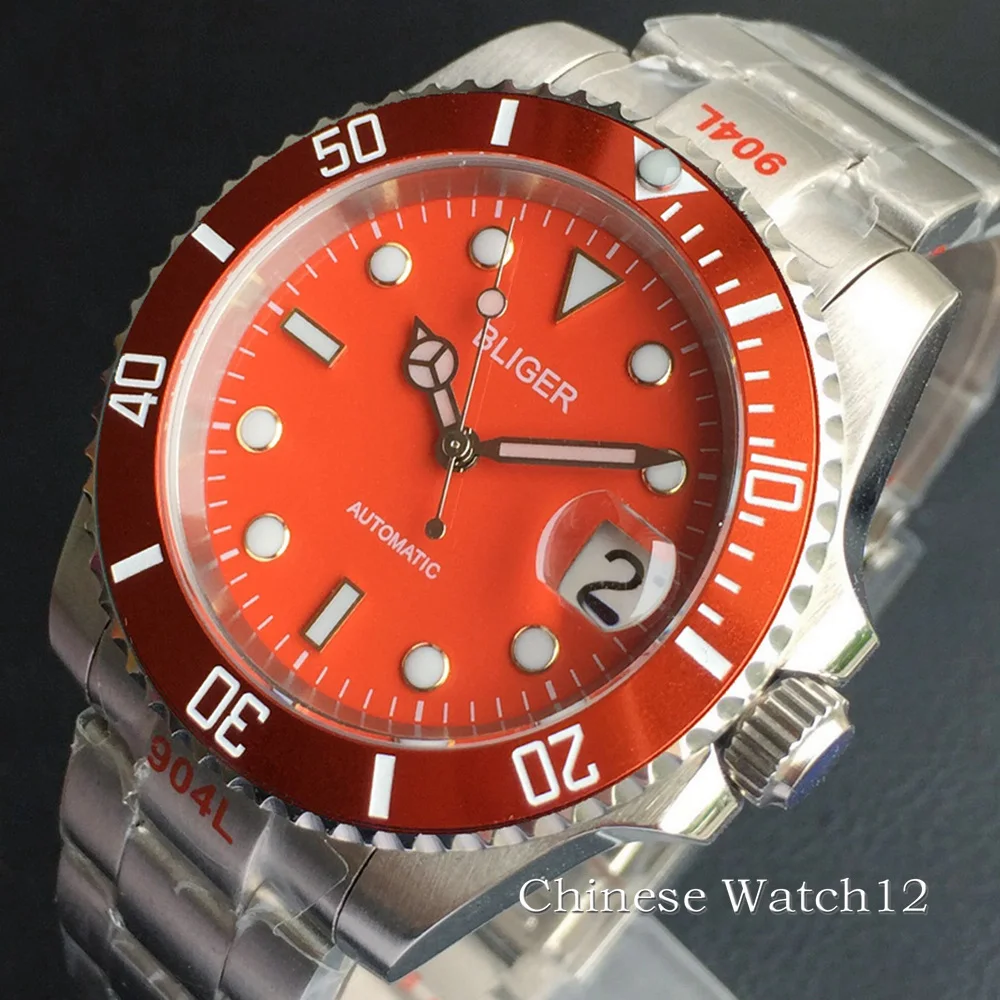 

BLIGER Sapphire Glass Ceramic Bezel Orange No Logo Dial Orange Super Bright Automatic Winding Fashion Men's Watch