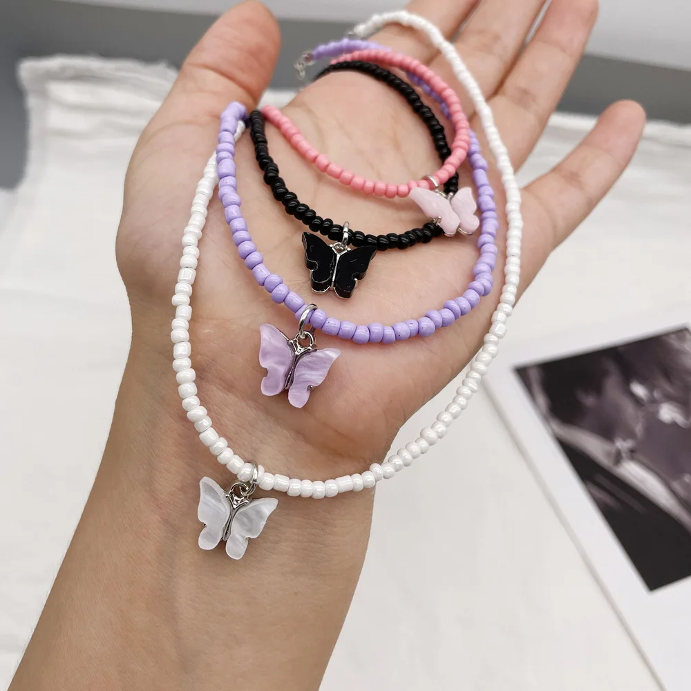2021 New Cut Butterfly Pendant Necklace For Women Girls Boho Seed Beads Strand Women Necklace Jewelry For Vacation Beach Gift
