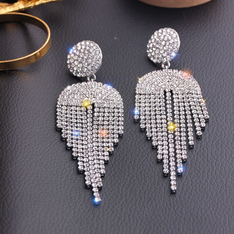 Long Tassel Crystal Drop Earrings for Women Bijoux Geometric Full Rhinestone Earrings Statement Jewelry Gifts A436