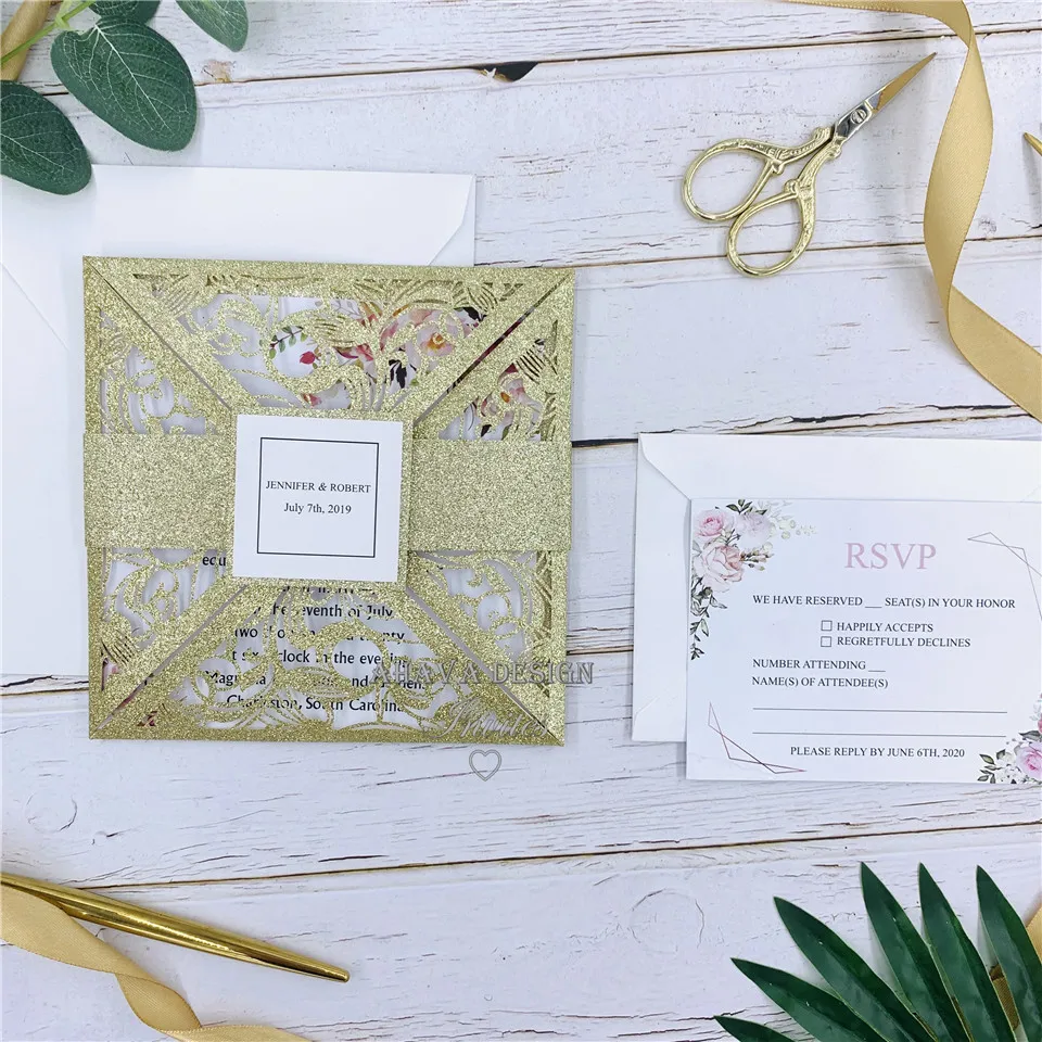 Elegant Glitter Champagne Square Laser Cut Invites,  Customizable Invite With Belly Band & Envelope