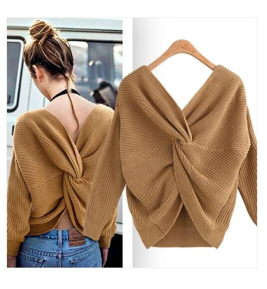 Sexy Deep V-neck Sweater Women's Backless Bat Sleeves Irregular Knotted Sweater Fashion Dual-use Pullover Autumn Clothes Women