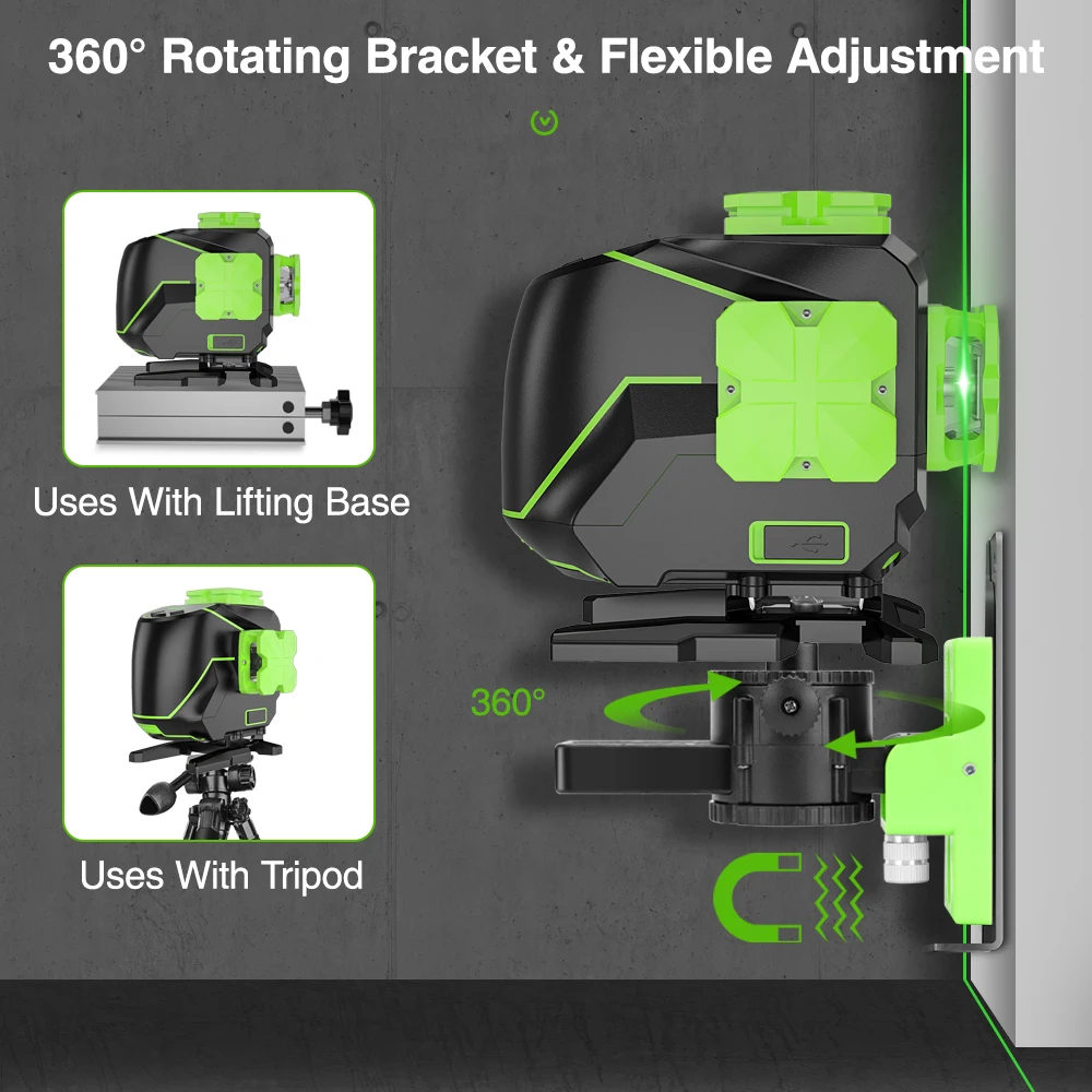 Huepar 12 lines 3D Cross Line Laser Level Self-leveling Green Beam Floor Laser Vertical Horizontal Line Use Dry & Li-ion Battery