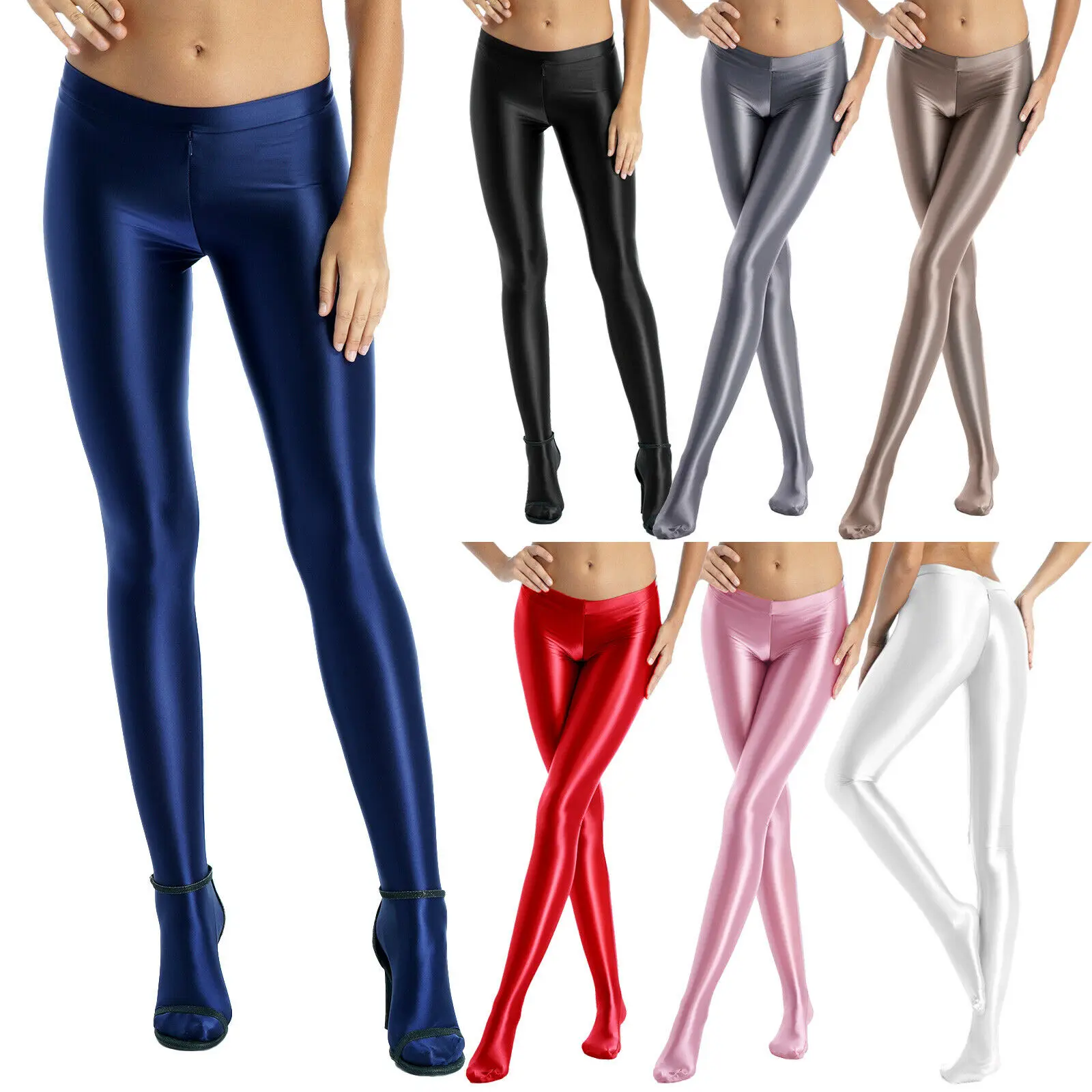 ผู้หญิงเซ็กซี่ Glossy Pantyhose ซิปเป้ากีฬาฟิตเนส Rave Dance Tights กางเกงกลางเอวกางเกงขายาว