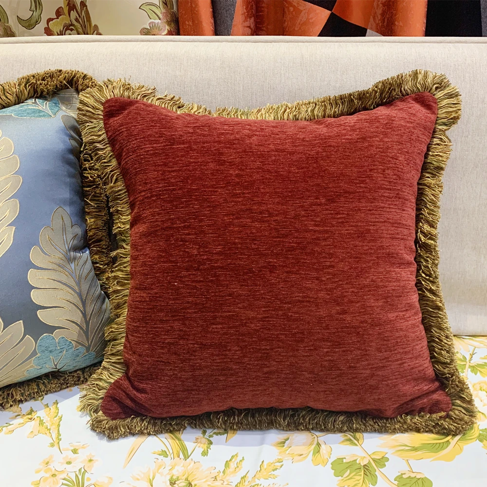 Classic Home Vintage Cushion Cover Solid Dark Red Soft Chenille Leaves Fringe Throw Woven Sofa Decorative Pillow Case 45x45cm