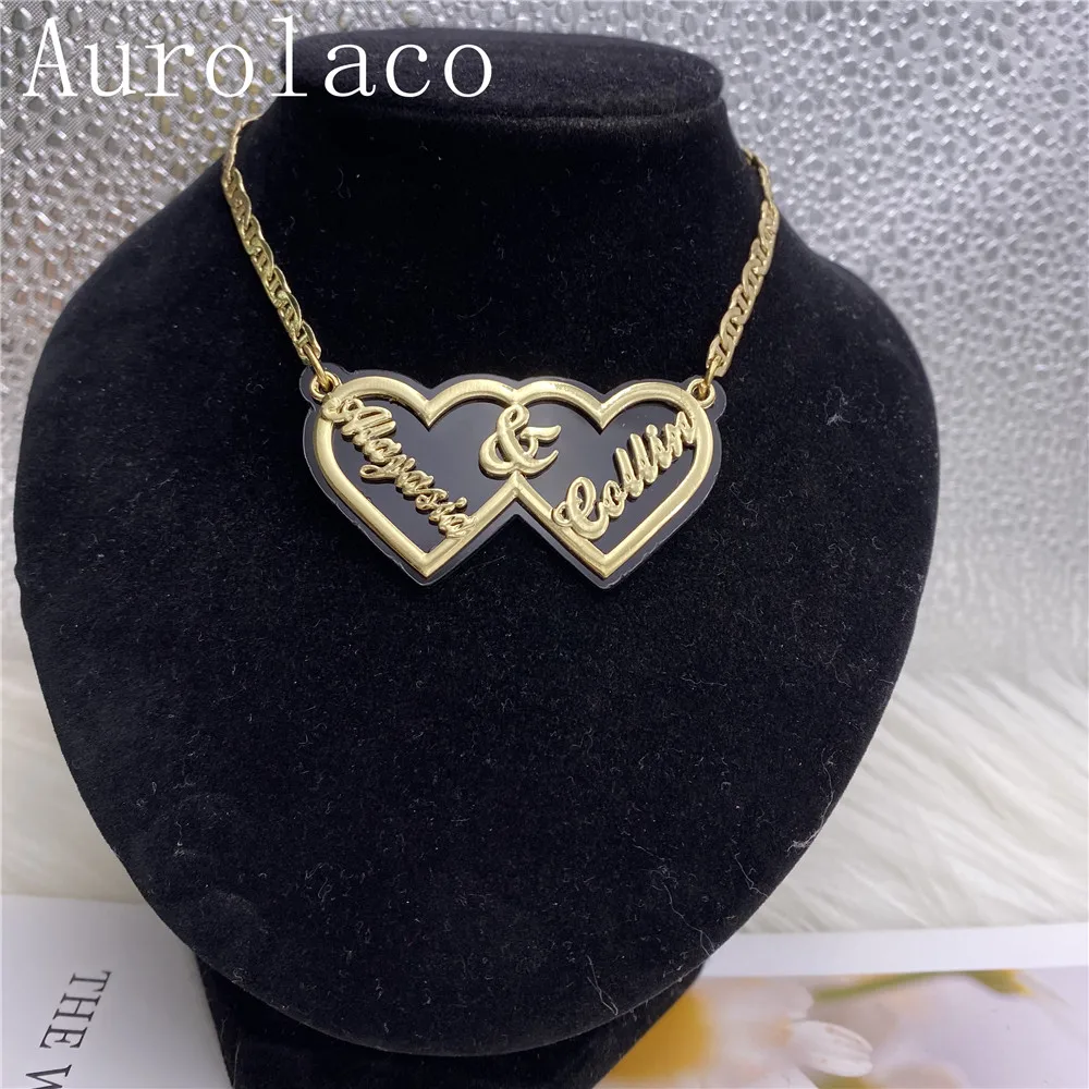 Aurolaco Custom Name Necklace Flat day Chain Custom Two Heart Acrylic Pendant Necklace for Women