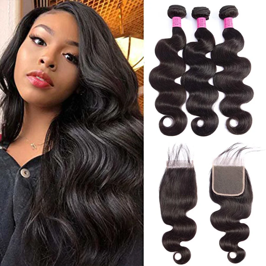 Body Wave Bundles With Closure Peruvian Hair Weave Bundles Natural Color 5X5 Lace Closure 30 Inch Bundles With Frontal Remy Hair