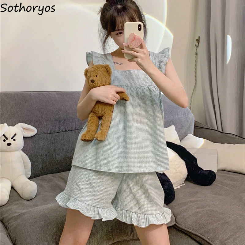 

Pajama Sets Women Square Collar Sleeveless Plaid Sleep Tops Sweet Ruffles Shorts Fresh Japanese Style Sleepwear Mujer Two Pieces