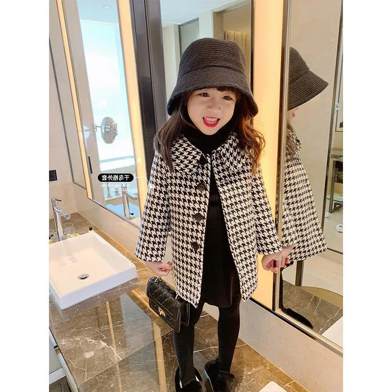 Children's coat autumn winter Ins Korean style mid long girls' Jacket long sleeve Lapel plaid coat houndstooth outwear CT094