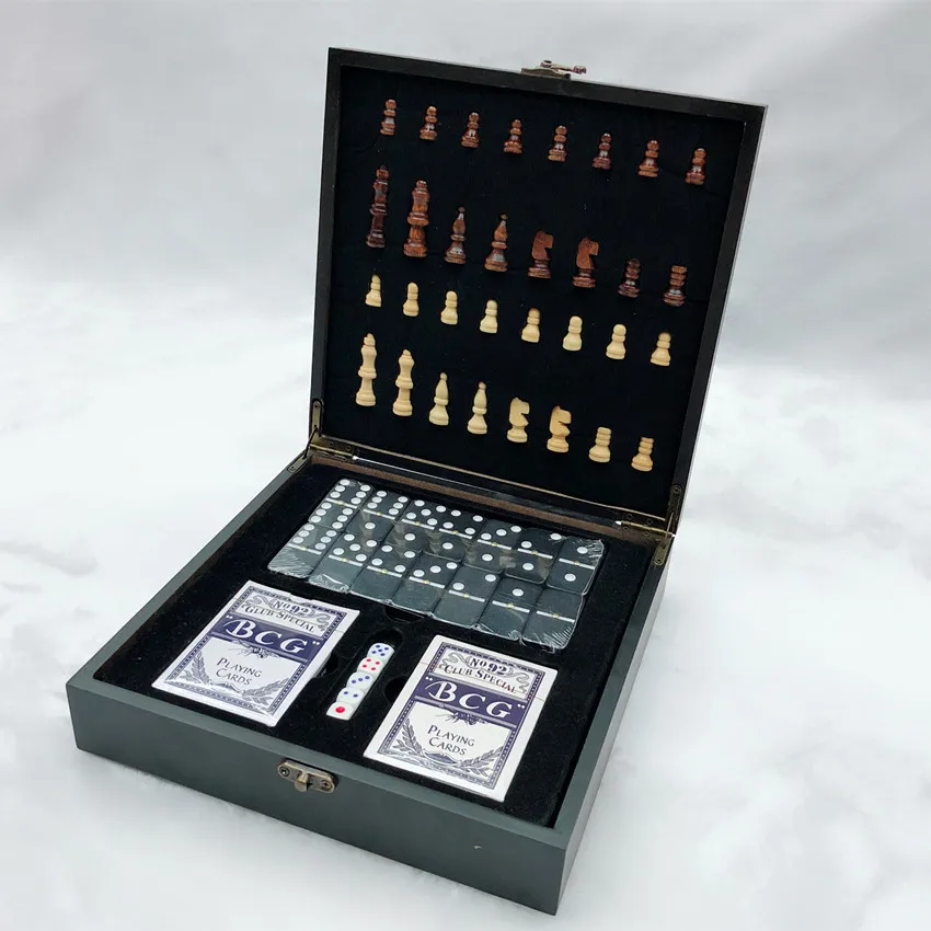 New Wooden Chess Set Folding Dice Domino Poker 32 Chess Pieces Internal Storage Portable Travel Board Game Set for Children Kid