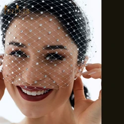 JM06 Rhinestone Women's Fascinating Veil Retro Charming Hat Bridal Veil with Headhoop Birdcage Wedding Women’s Fascinator Veil