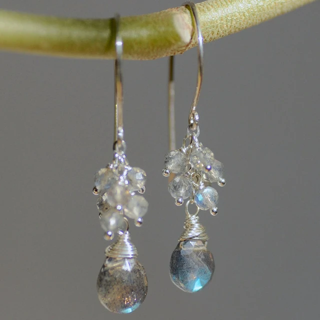 Quartz and Aquamarine Cluster Dangle Earrings, Sterling Silver, Natural Gemstone, Wire Wrapped, newest Bridal, Wedding