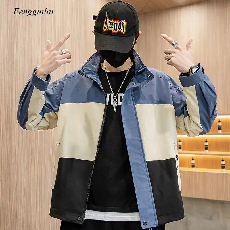 Hip Hop Patchwork Men Color Block Coat 100%cotton Jackets Stand Collar Letter Embroidery Spring Autumn Casual Street Wear