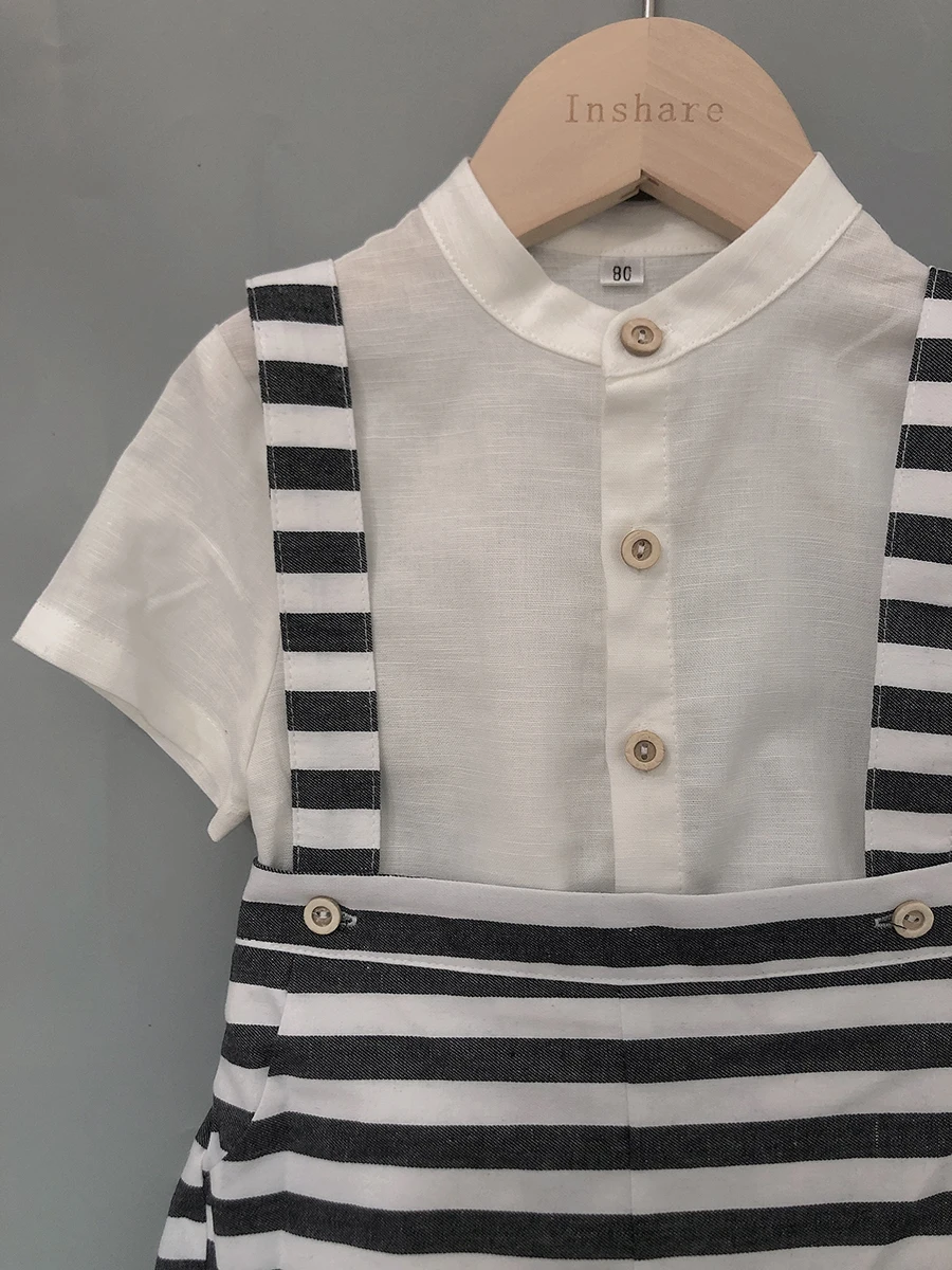 Children Boutique Clothing Set Custom Black White Striped Cotton and Linen For Boys Girls Spanish Sister Brother Fashion Clothes