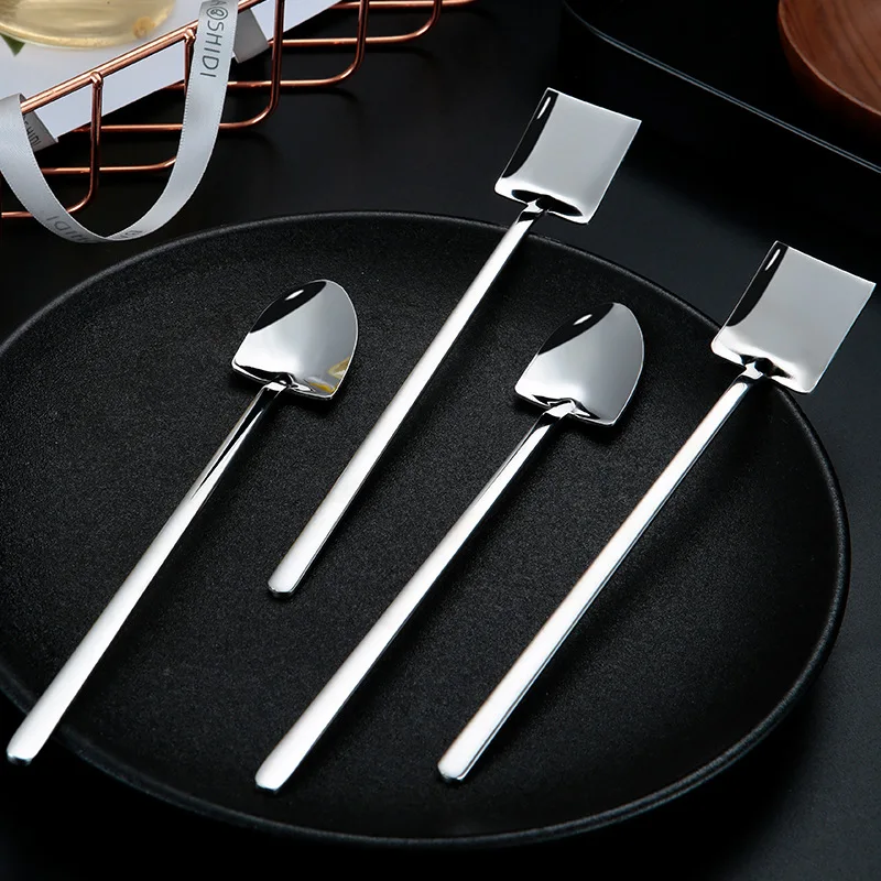 

100Pcs Stainless Steel Ice Cream Coffee Spoon Shovel Shape Shell Tea Spoons 2 Options Afternoon Tea Dessert Long Handle Spoon