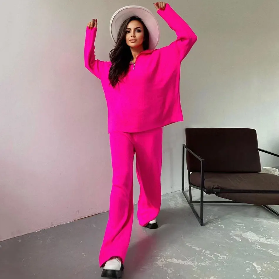 2024 Casual autunno maglione lavorato a maglia sciolto Set moda Zip bavero manica lunga Pullover maglione e pantaloni dritti Set due pezzi
