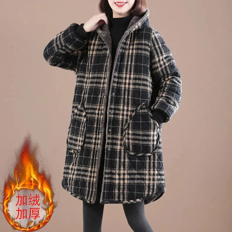 

2024 Plus Size Coats Women Warm Plaid Wadded Jacket Winter Thickening Cashmere Oversize Hooded Female Casual Fashion Outerwear