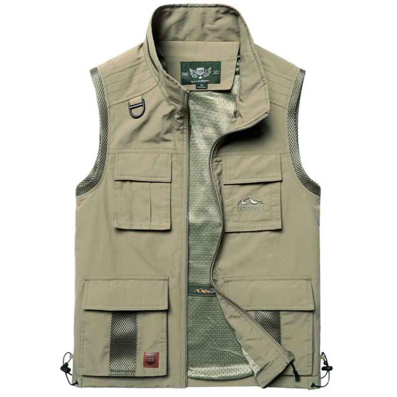 

Men's Vest Multi-pocket Loose Photographer Reporter Vests Casual Mens Jacket Sleeveless Vest Khaki Thin Waistcoat 5XL