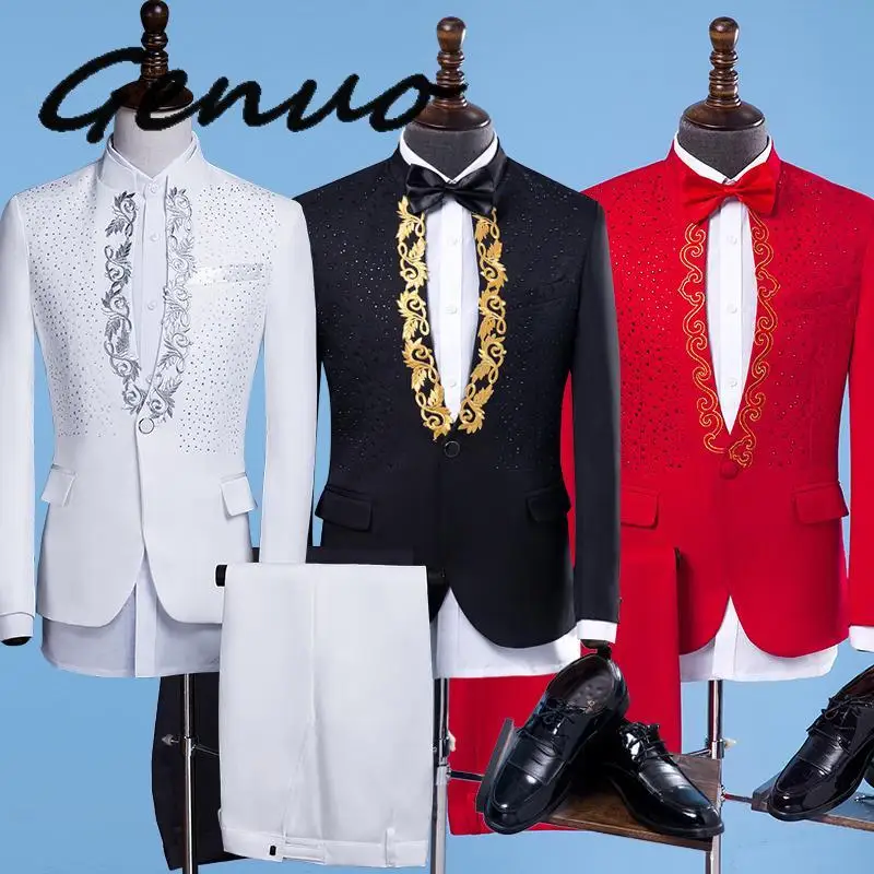 

New Fashion Men Suits Gold Embroidery Blazers Slim Fit Red White/Black Suits Wedding Business Male Tuxedos Single Buttons Suit