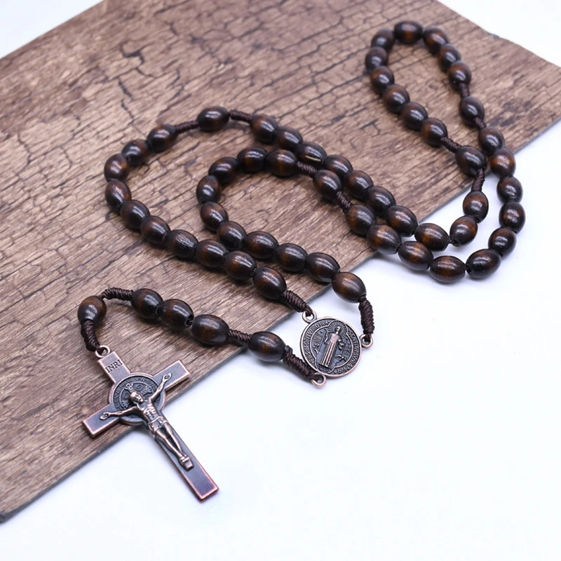 QIGO Rosary Necklace Vintage Jesus Cross Catholic Brown Wood Beads Prayer Religious Jewelry For Men Women