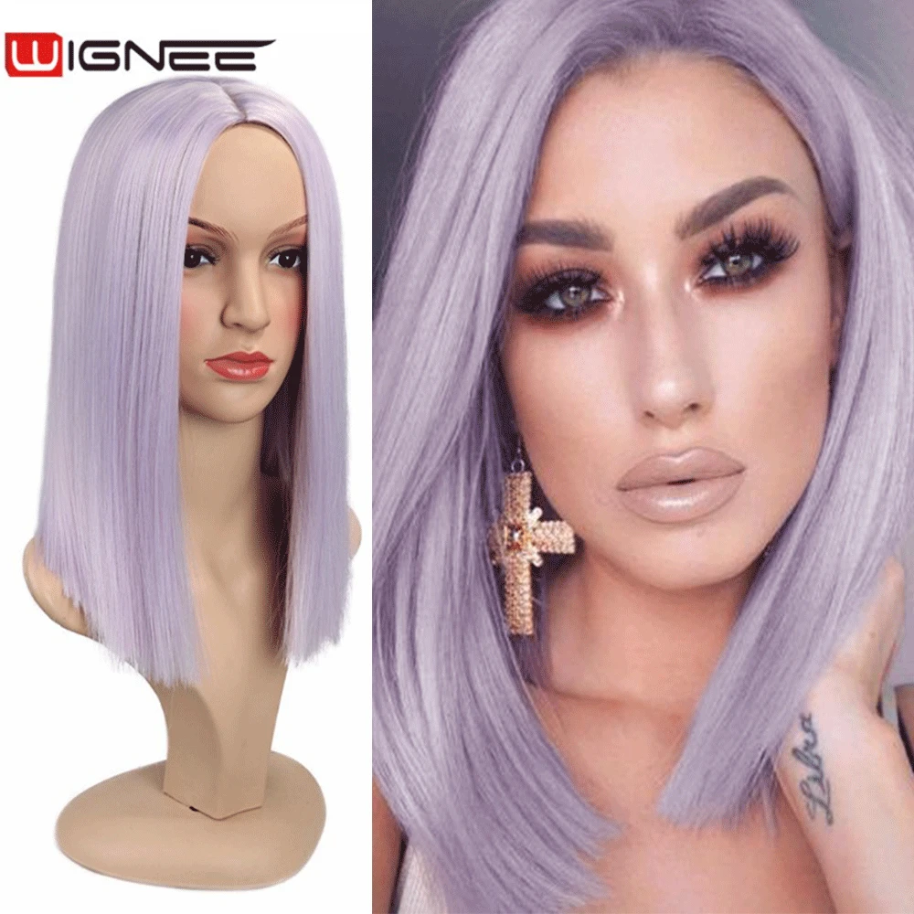 Wignee Synthetische Perücke Mittelteil Kurz Gerade Haar Reine Licht Lila für Frauen Hohe Temperatur Täglichen/Partei/Cosplay haar Perücken