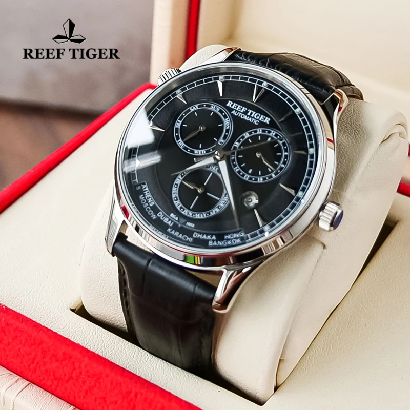 Reef Tiger/RT Top Brand Luxury Mechanical Automatic Mens Wristwatch Month Date Day World Time Steel Leather Strap Watch