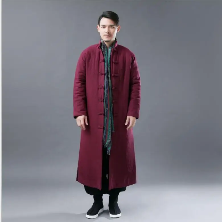 Chinese retro Garment National Style Men cotton padded Robe solid color leisure stand collar Overcoat cotton padded Long jacket