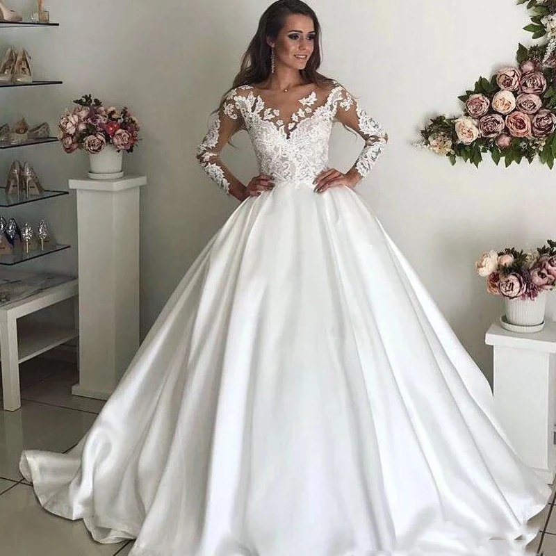 

ANGELSBRIDEP Ball Gown Sheer NeckWedding Dresses Long Sleeves Robe de mariee Formal Applique Court Train Bridal Wedding Gowns