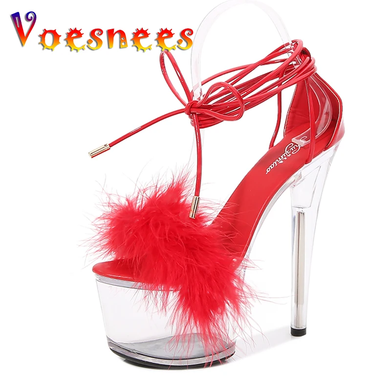 Voesnees Wedding Shoes Lace-up Sexy Platform Women Shoes Fur Thin Heels Clear Heels For Women Summer Sandals 2021 New Fashion