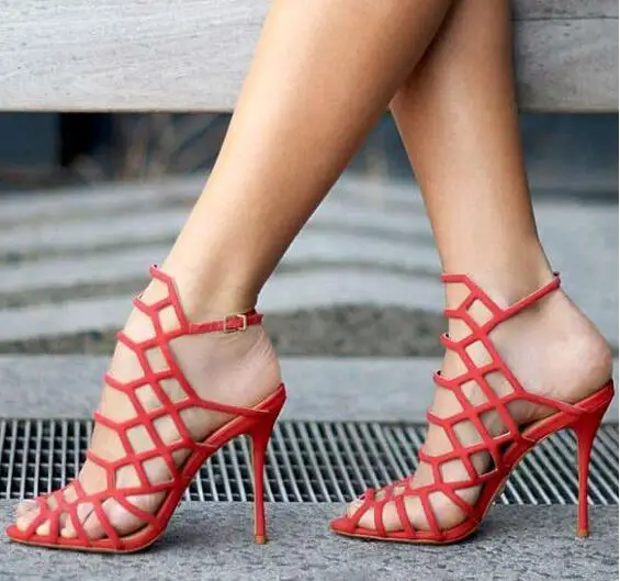 Dipsloot Red Black Nude Suede Laser Hollow Out Cage Sandals Woman Stiletto Heel Sexy Party High Heel Dress Sandals Shoes