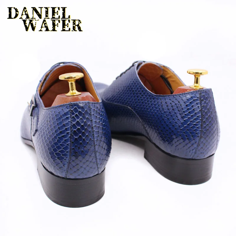 Modische Herren-Lederschuhe mit Schlangenhaut-Aufdruck, klassische Schnürung, Oxford, formell in Wein, Blau, Kaffee, Schwarz – spitze Zehenpartie – Detail 25