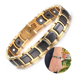 Vinterly Steel Magnetic Bracelet Male Black Ceramic Health Energy Germanium Men Hand Chain Link Gold-color Jewelry Waterproof