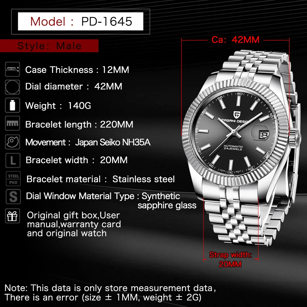 PAGANI DESIGN PD1645 Men Mechanical Watch Top Brand Luxury Automatic Watch Sport Stainless Steel Watch Men relogio masculino