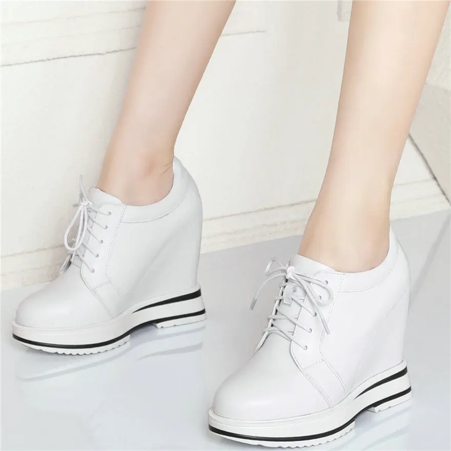 Fashion Sneakers Women Lace Up Cow Leather Wedge High Heel Vulcanized Shoes Female Round Toe Platform Oxfords Shoes Casual Shoes