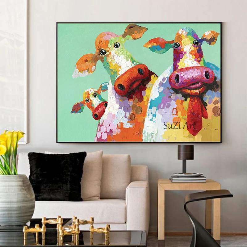 

Latest Wall Decoration Abstract Coloring Cattle Oil Painting Animal Canvas Pieces Wall Art Thick Design Acrylic Paintings