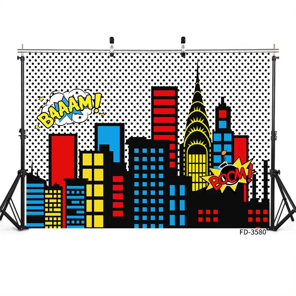 Childern Comics City Colour Building Backdrop Boy Superhero Themed Birthday Party Background Poster Photography Photocall Props