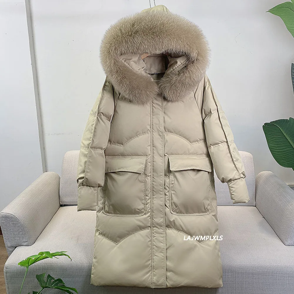 Winter Loose Windbreak Long Coat Women Real Natural Fur Hooded Jacket 90% White Duck Down Coat Thick Warm Snow Outwear