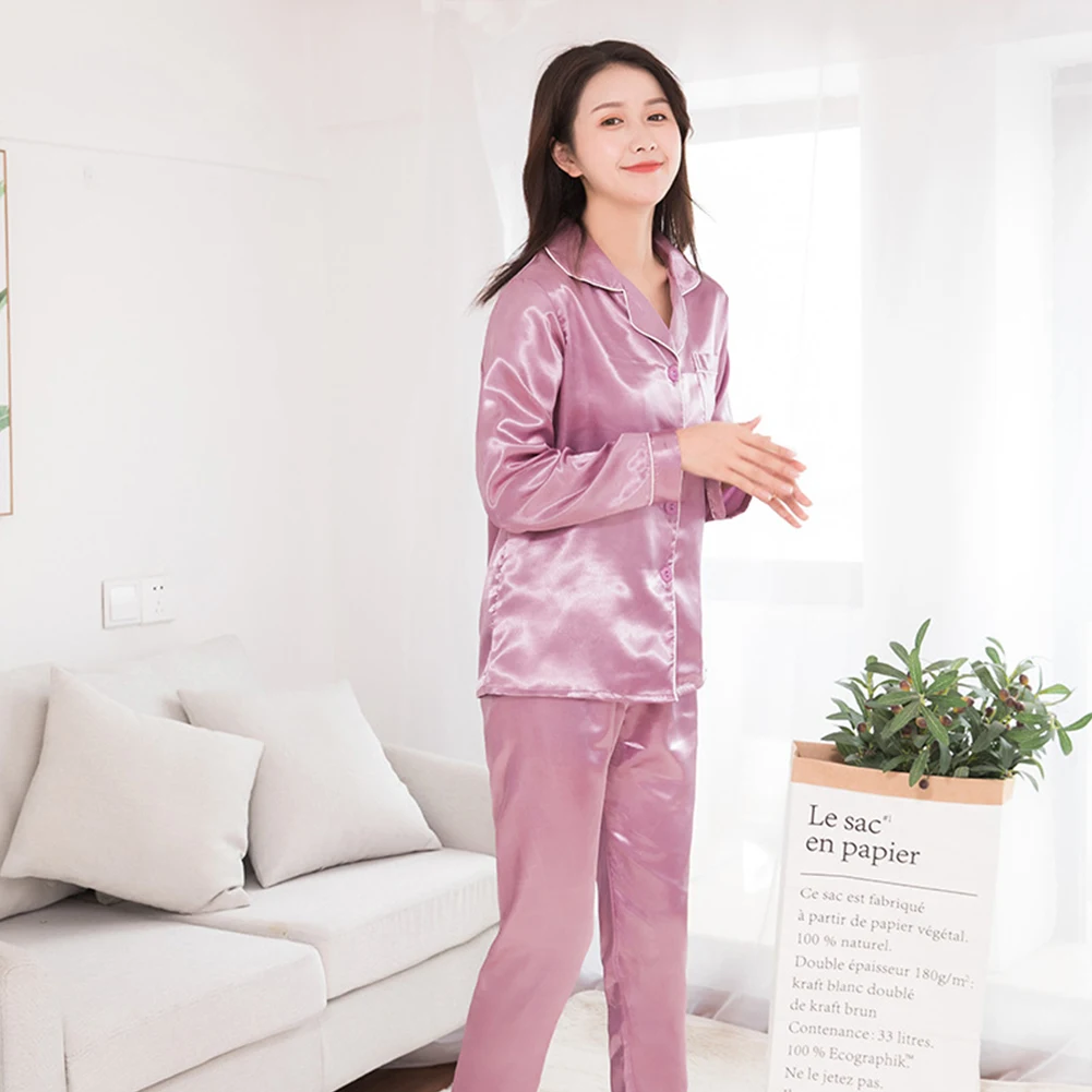 2-Piece Women's Satin Pajamas Home Set Lovers Solid Color Long Sleeve Casual Pajamas Set Plus Size Men's And Women's Pajamas Set