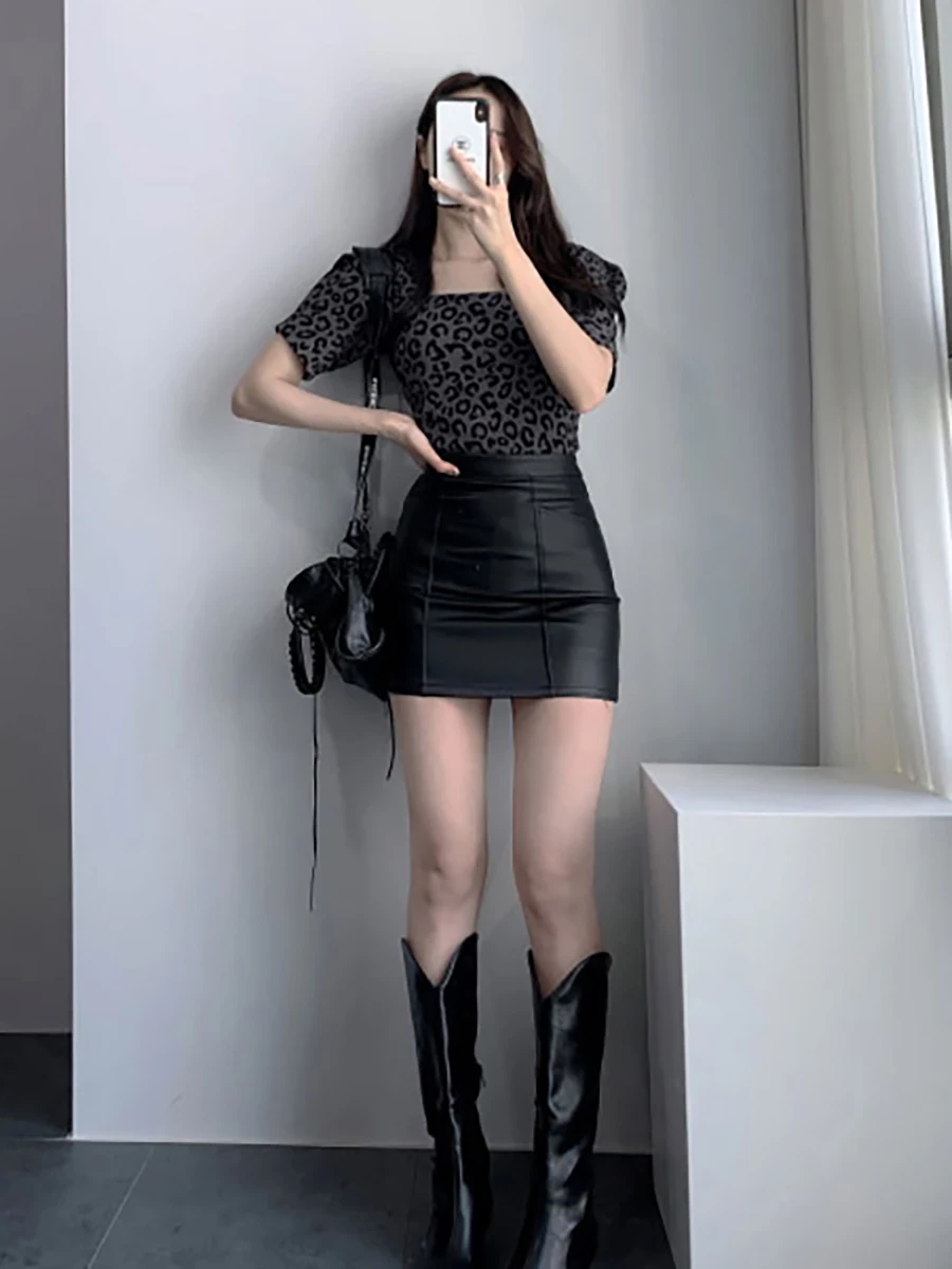 2020 autumn and winter new pu stretch tight-fitting hip skirt high waist sexy black leather skirt  DQ1265