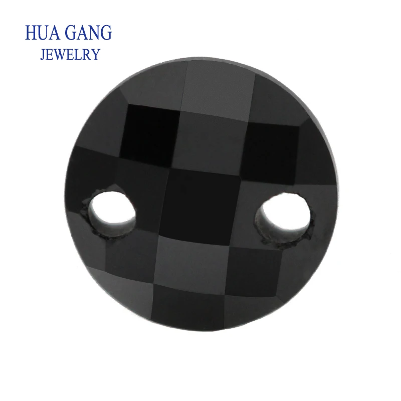 Two Holes Black Double Checkerboard AAAAA Round Brilliant Cut Cubic Zirconia Loose CZ For Jewelry Making 3-14mm High Quality