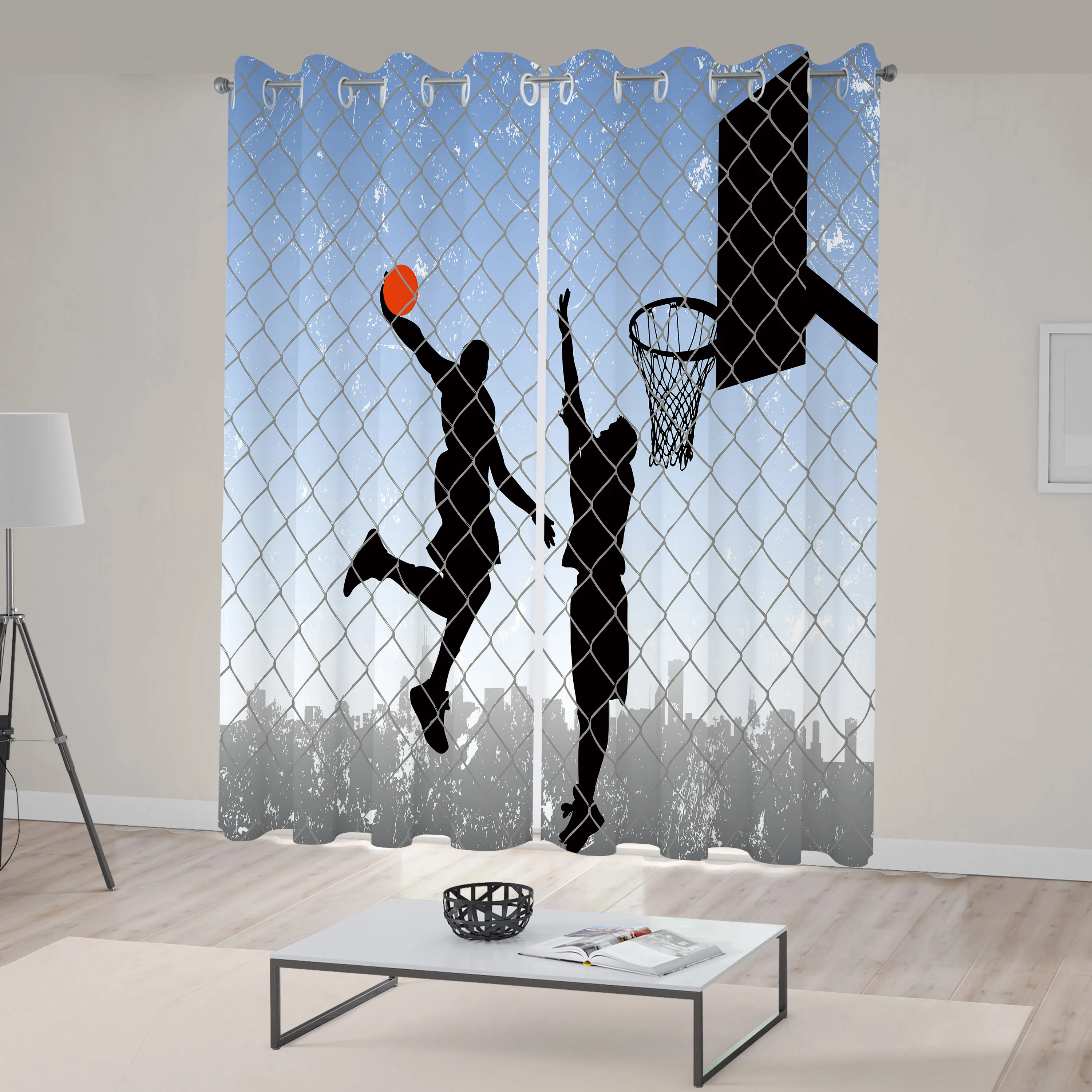 Sports Curtains Basketball in The Street Theme 2 Players on Grungy Damaged Backdrop Living Room Bedroom Window Drapes Blue Grey