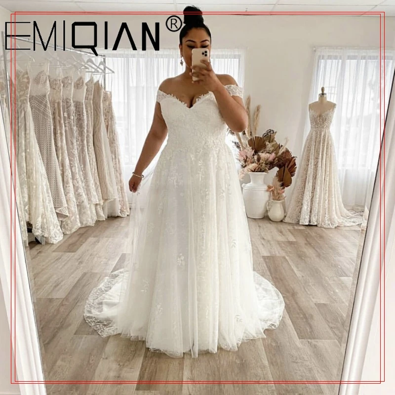 

Wedding Dress Plus Size A-Line Off The Shoulder Lace Applique Tulle Backless Robe De Mariée Orienta Sweep Train Gown Custom Made