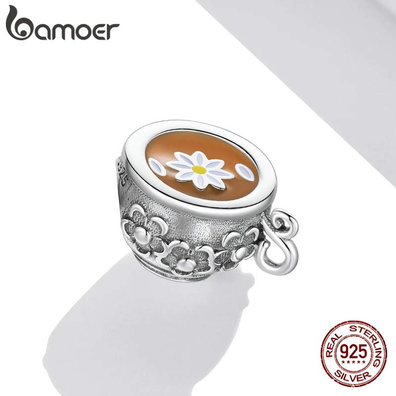 bamoer Authentic 925 Sterling Silver Flower Teacup Charm Coffee Charm Wine Glass Bead for Original Bracelet DIY Fine Jewelry