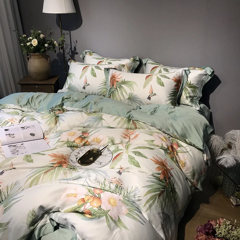 Green Flower Printed Pastoral Luxury BeddingSet Califonifa King Size Morden DuvetCover Queen ComforterSet Bedsheet Satin Bedding