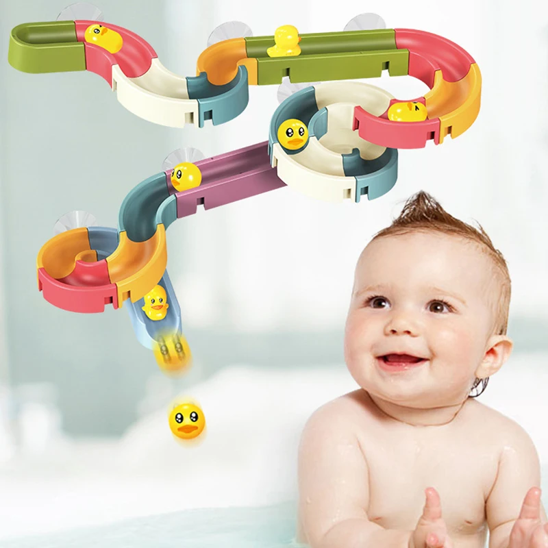 New Kids Bath Toys DIY Slide Indoor Waterfall Assembling Tracks Yellow Ducks Car Slot Bathroom Baby Shower Play Water Games Toy